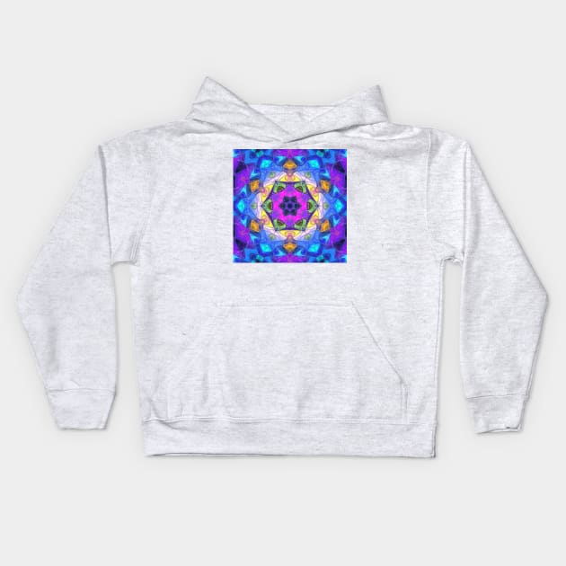 Mosaic Mandala Flower Purple Blue and Yellow Kids Hoodie by WormholeOrbital